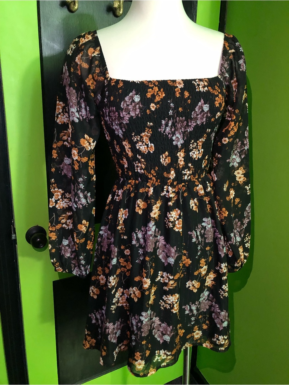 Floral Square-Neck Mini Dress in Black with Purple & Metallic Gold Flowers